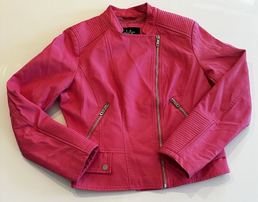 COALITION LA Vegan Leather Moto Jacket Fuchsia Faux Leather Zip Front Womens L